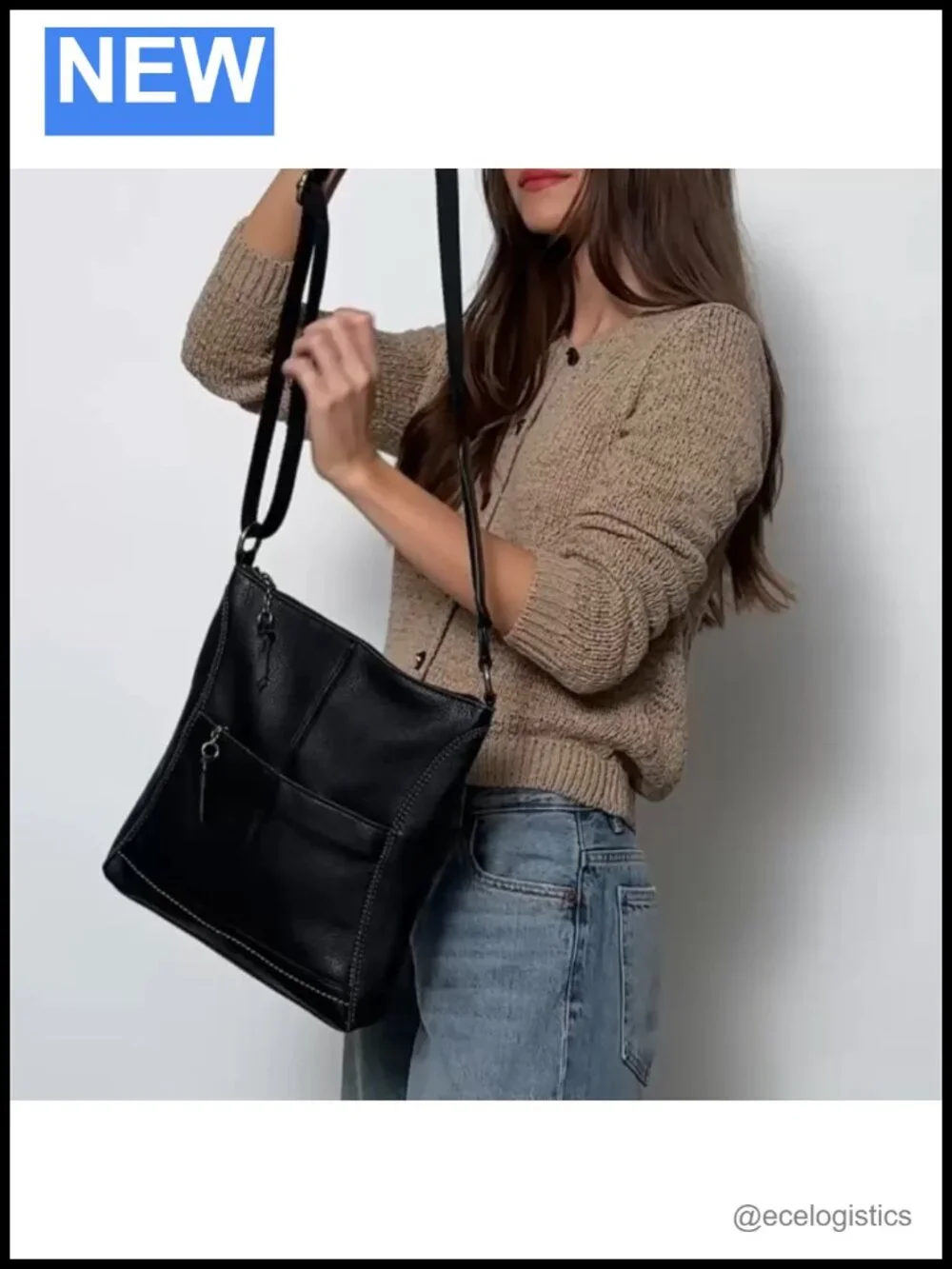 Leather Crossbody Purse with Adjustable Strap, Zipper Closure